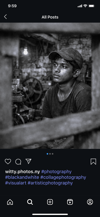 A photo of an exhausted Pakistani guy in a workshop with artistic photography hashtags on the photographer’s Instagram profile