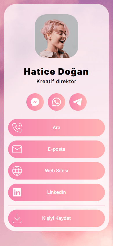 Bio link sayfası örneği: profil fotoğrafı, başlıklar, linkler ve iletişim butonu içeren