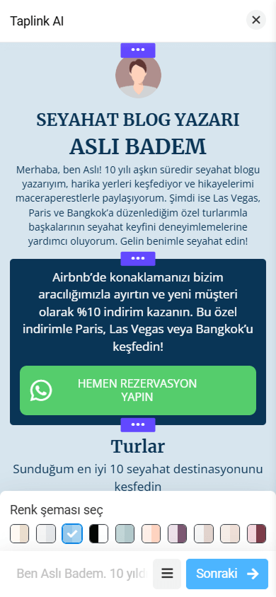 Taplink AI’da bir sayfa düzenleyici arayüzü