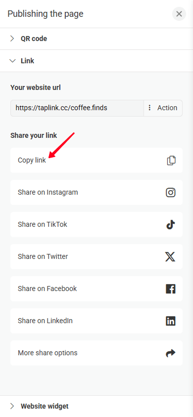 Selecting the Copy link button on the publishing page in Taplink