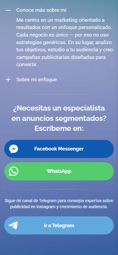Parte inferior del ejemplo de Linktree del especialista en marketing