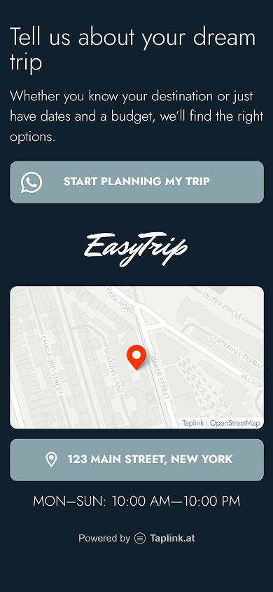 Bottom section of a travel agency website built with Taplink