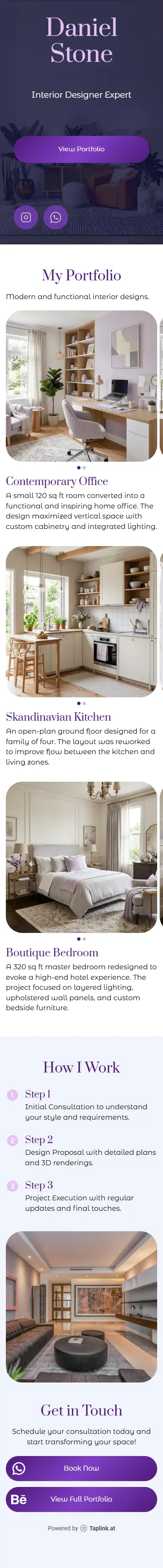An example of the Taplink digital portfolio for an interior designer