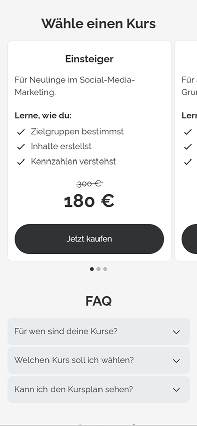 Mittlerer Teil der Taplink-Seite eines Online-Marketers mit den Blöcken „Text“, „Preispläne“ und „FAQ“