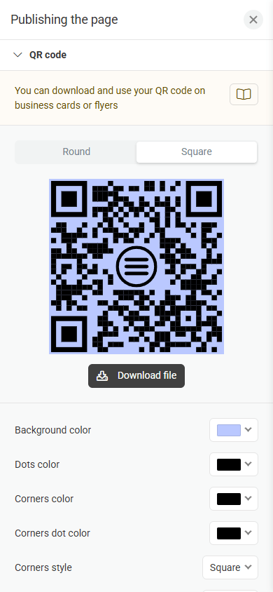Square blue-and black QR code of the Taplink electronic business card
