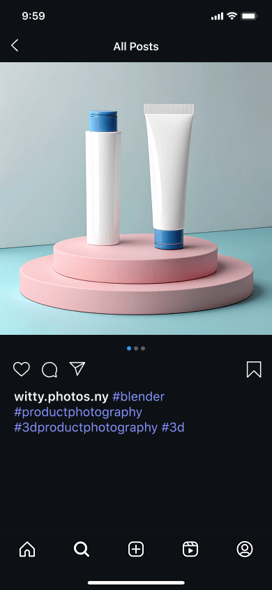 Gambar produk 3D dengan tagar foto produk di bawahnya di profil Instagram fotografer