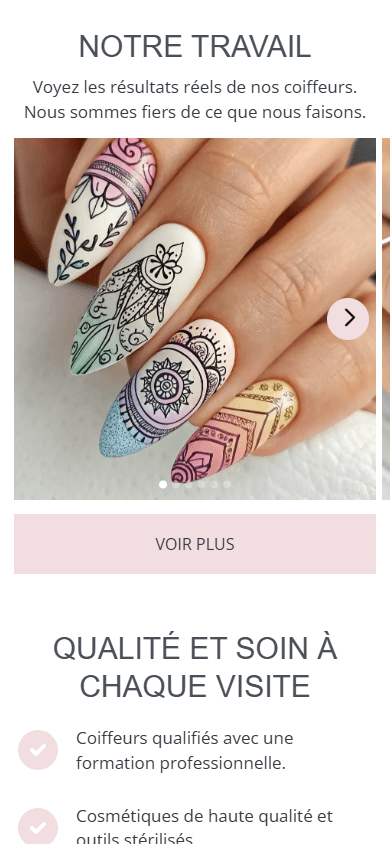 Partie inférieure de l’exemple de page de link in bio d’un salon de beauté