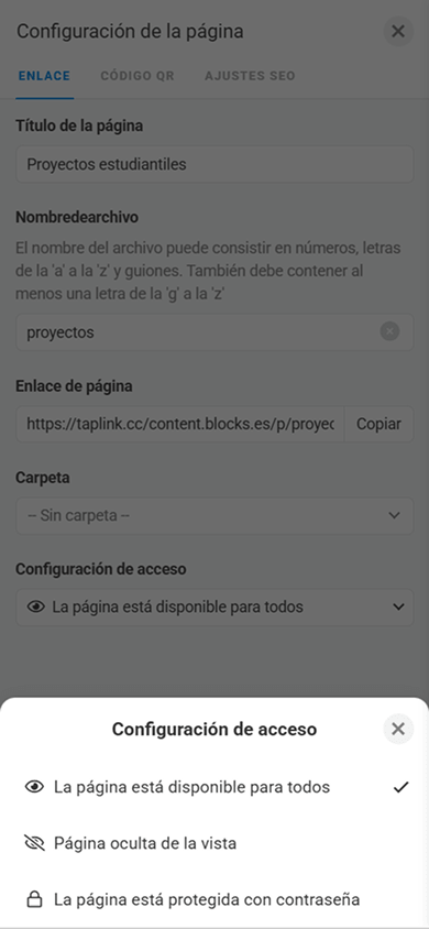 Ventana emergente de configuración del acceso en la página de personalización del bloque Página interna