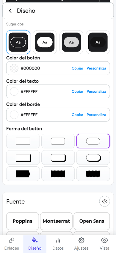 Configuración de botones y fuentes disponible en atom.bio