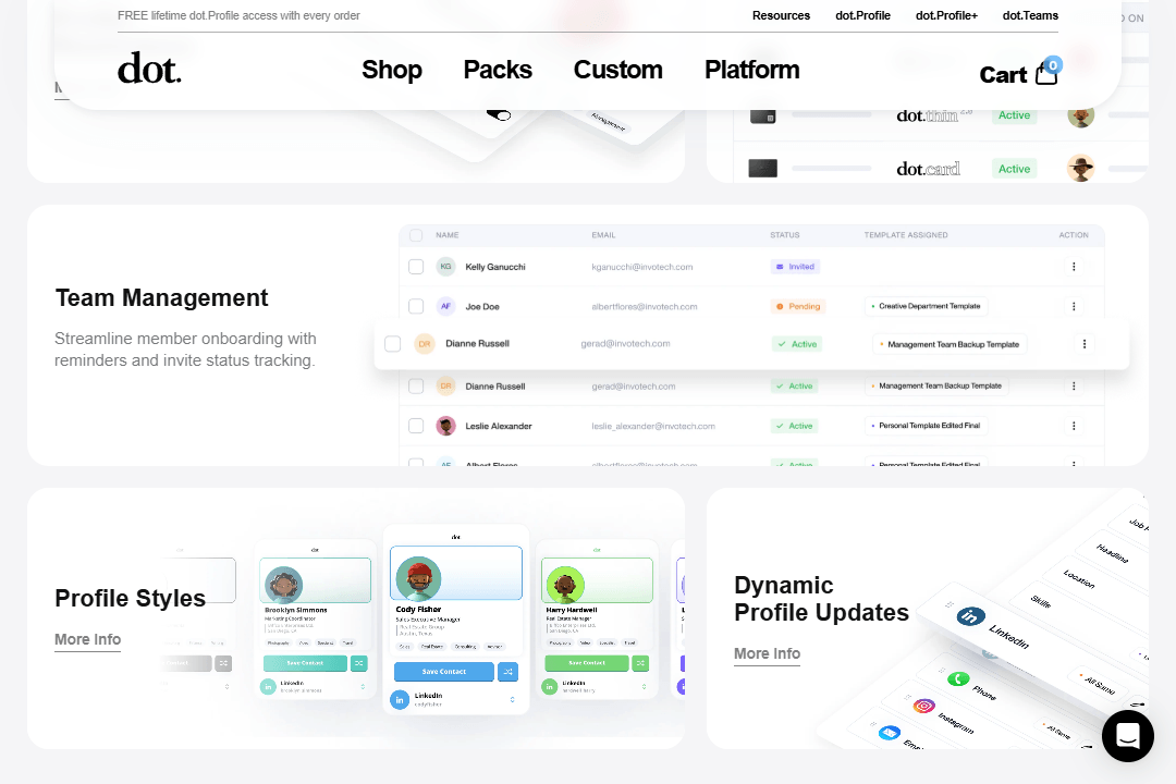 Images of the account dashboard and digital business cards on the Dot homepage