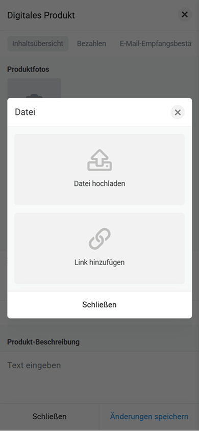 Pop-up-Fenster mit Dateieinstellungen und Optionen zum Hochladen einer Datei oder Hinzufügen eines Links