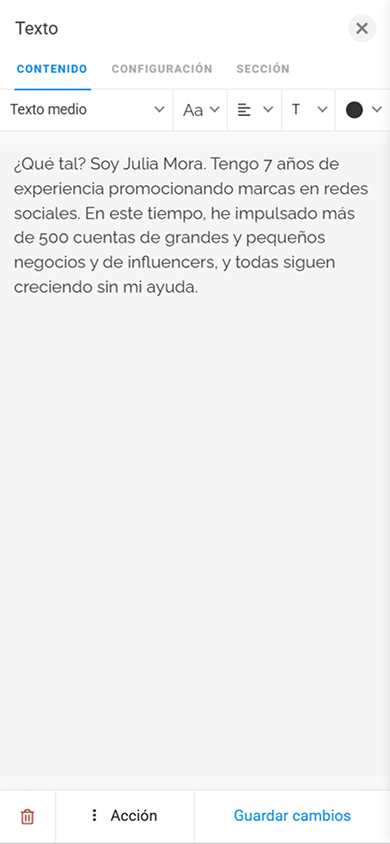 Configuración del contenido del bloque Texto en Taplink
