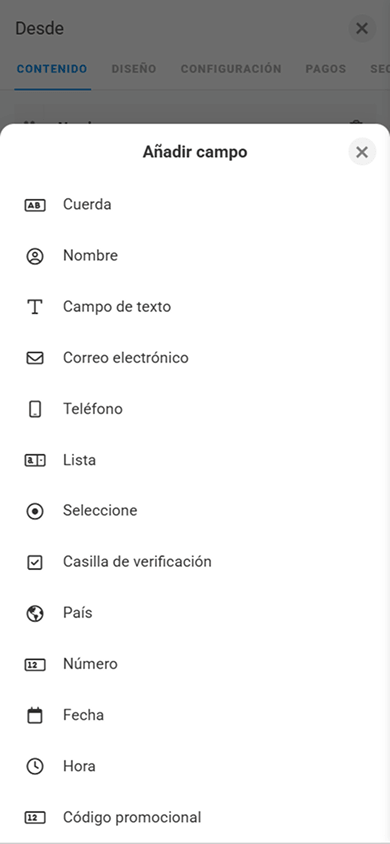 Lista de campos disponibles en el bloque Forma y pagos de Taplink