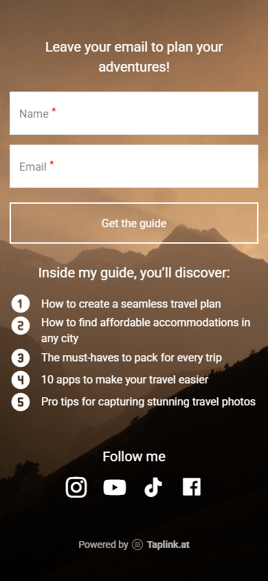 Subscription form on the Taplink link in bio page