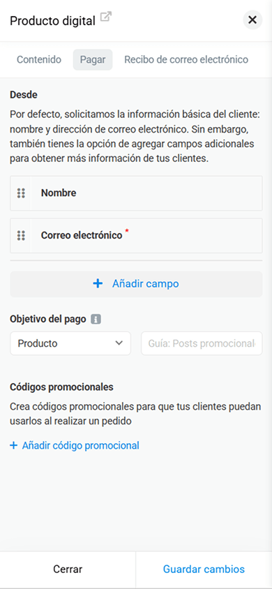 Pestaña de configuración del proceso de compra en el bloque Productos digitales de Taplink