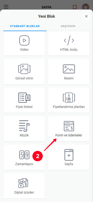 Taplink içerik blok kütüphanesinde Form ve ödemeler bloğunu seçme