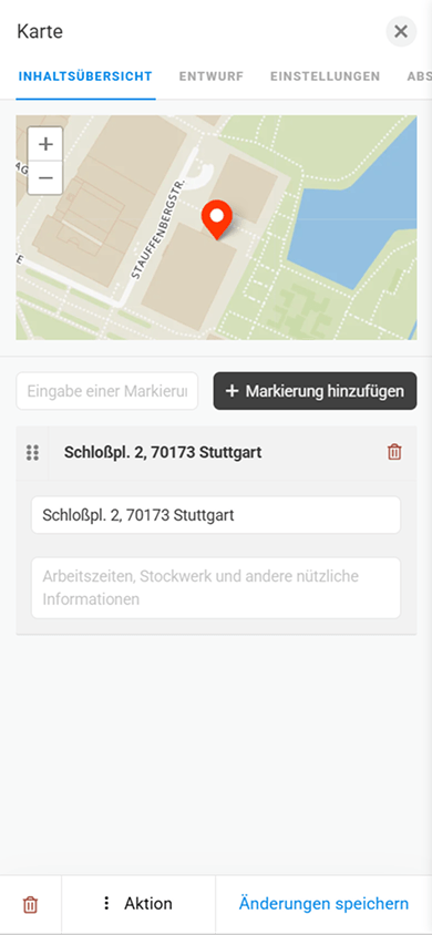 Seite zur Anpassung des Inhalts des Blocks „Karte“ in Taplink
