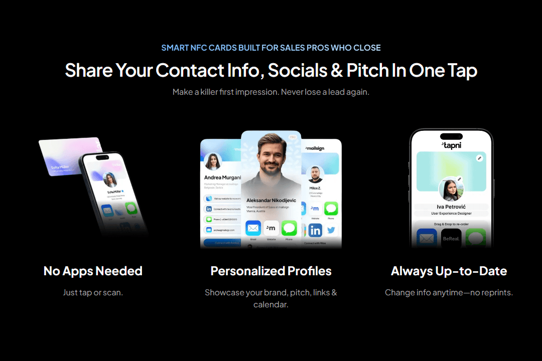 Three advantages featuring images and text on the Tapni homepage