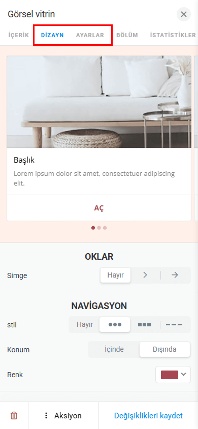 Görsel vitrin blok ayarlarında vurgulanan Dizayn ve Ayarlar sekmeleri