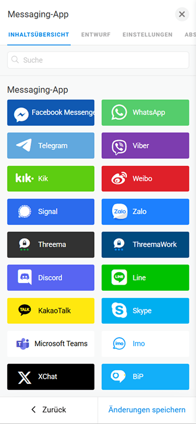 Eine Liste der in Taplink verfügbaren Messaging-Apps