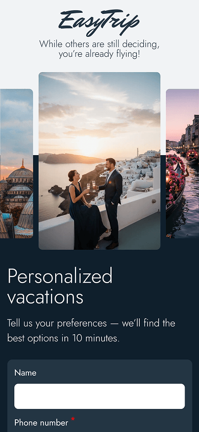 Top section of a travel agency website built with Taplink