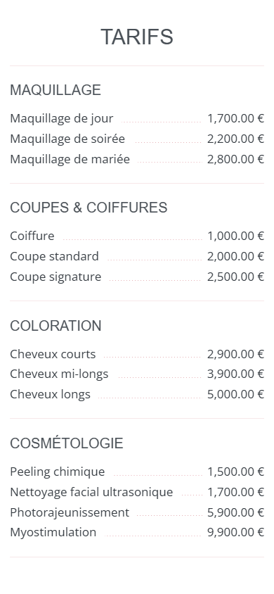 Partie centrale de l’exemple de page de link in bio d’un salon de beauté