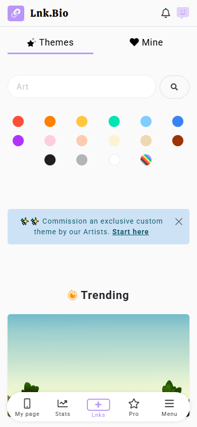The design themes page featuring color schemes and ready-made themes