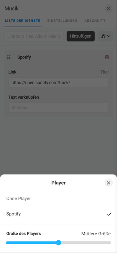 Fenster zur Anpassung der Playergröße im Block „Musik“