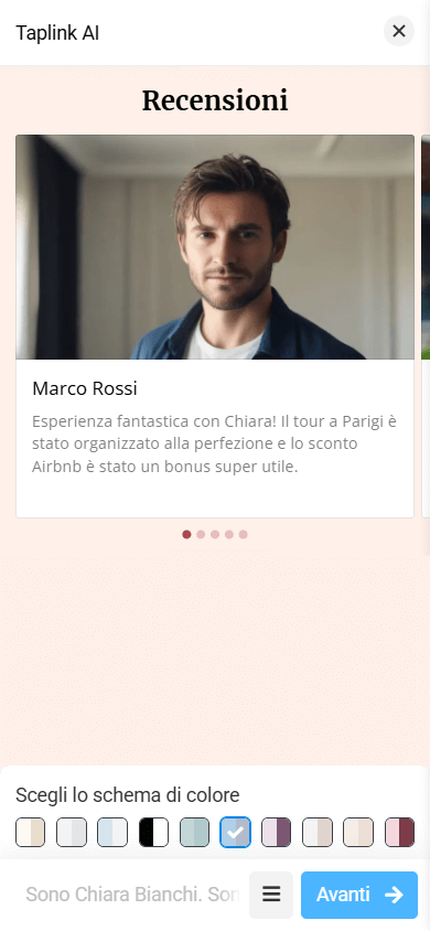Un layout della sezione Recensioni con una grande foto del cliente, il nome e la recensione