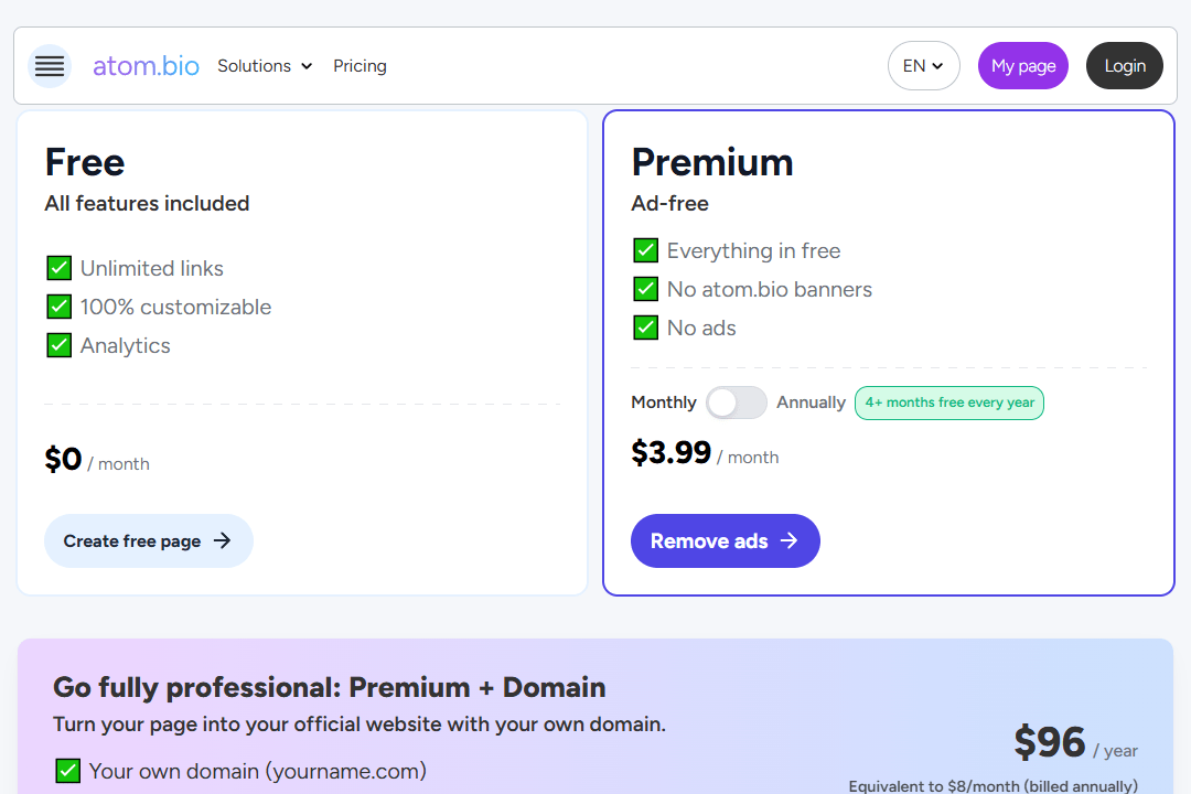 Pricing plan page on the atom.bio website