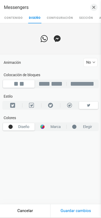 Pestaña de personalización del diseño del bloque Messengers