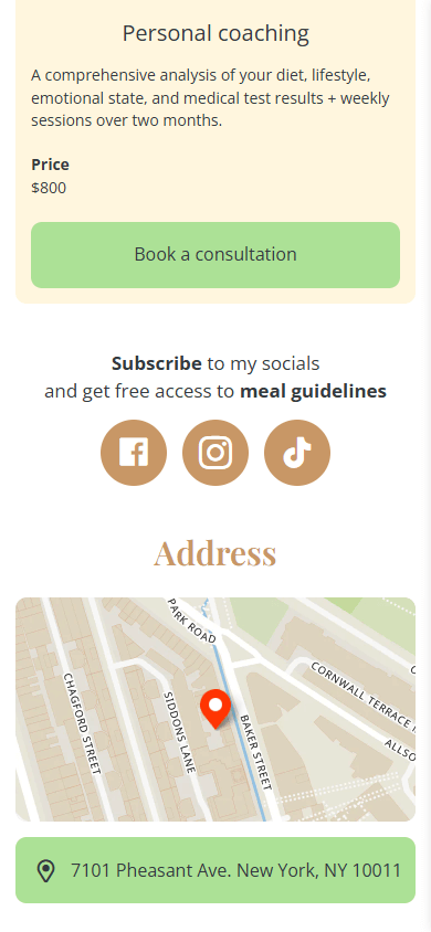 Bottom of the diet advisor’s digital business card that features a service description and a booking button, social media links, and a map