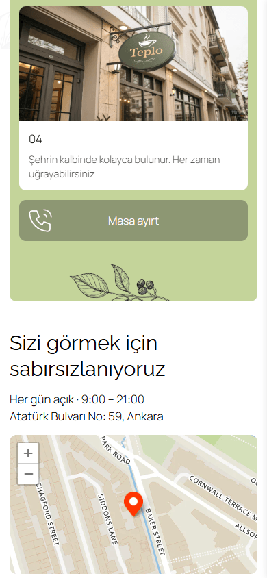 Kafe sayfası örneğinin alt kısmı