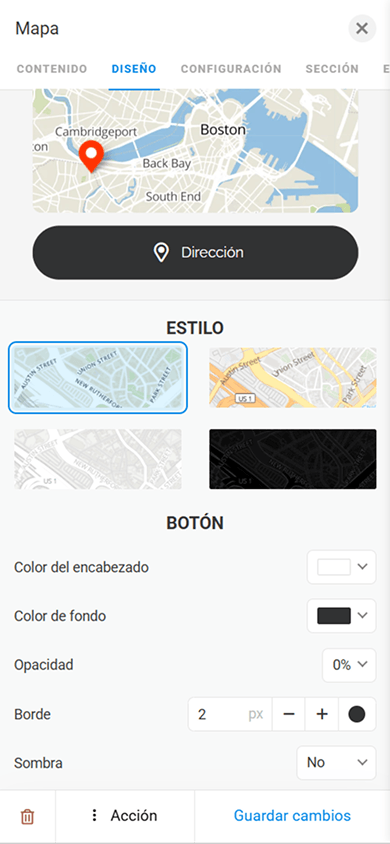 Configuración del diseño del mapa en el bloque Mapa