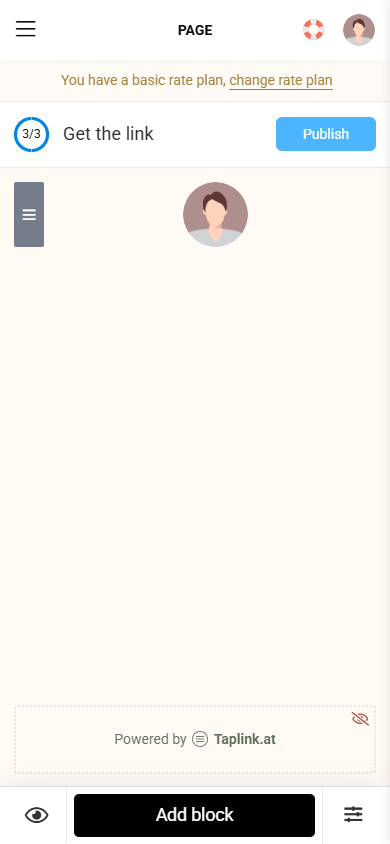 Taplink’s blank page editor interface
