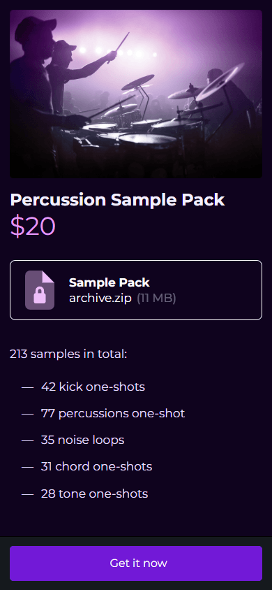 Music sample pack page in the online store created with Taplink