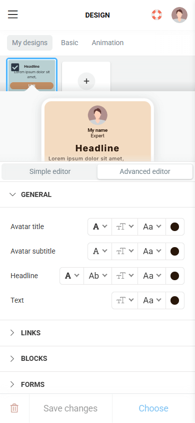 Advanced design settings in Taplink, a builder of a link tree for TikTok