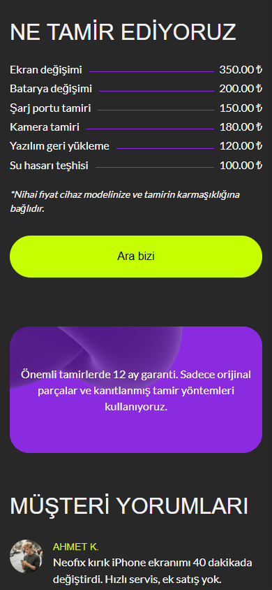 Telefon tamirinin bio link sayfası örneğinin orta kısmı
