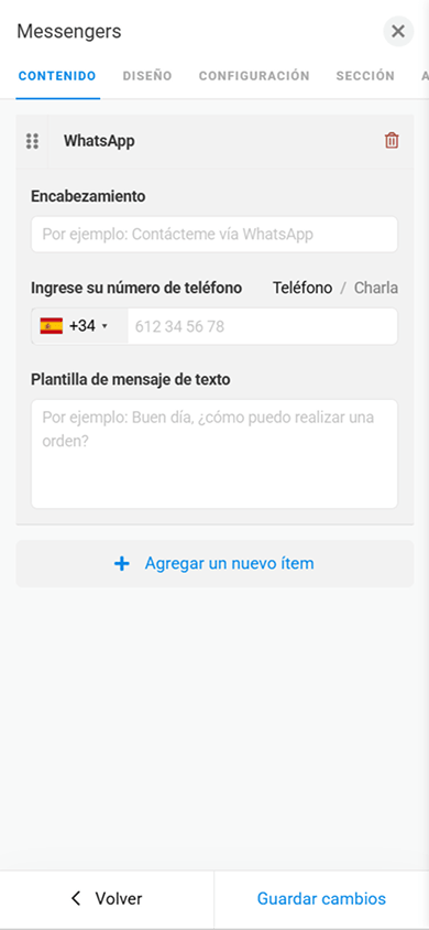 Configuración del contenido de los botones de aplicaciones de mensajería en el bloque Messengers