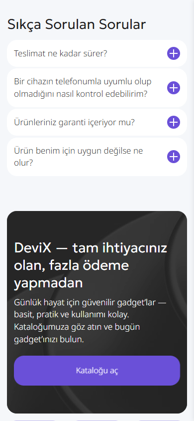 Gadget mağazasının bio link sayfası örneğinin alt kısmı