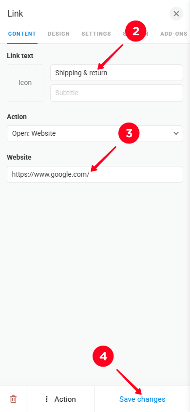Editing the Shipping & return button text and URL, then saving changes