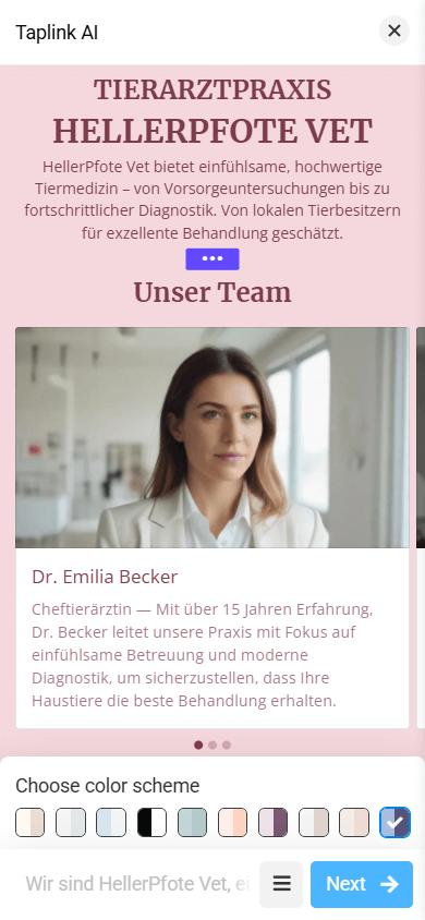 Eine mit Taplink AI generierte Seite mit einem pinken Design
