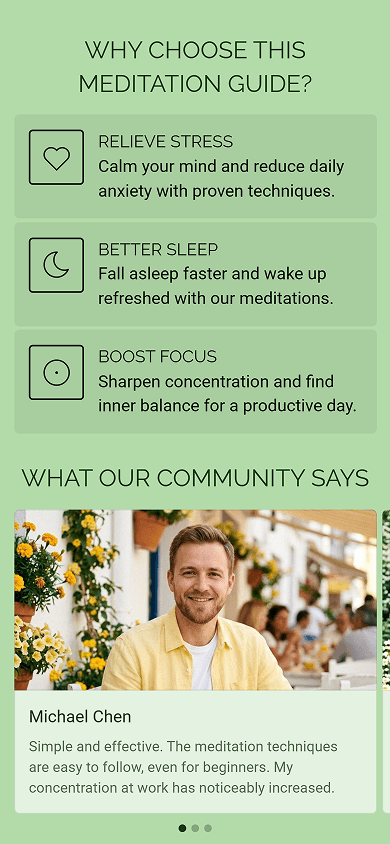 Middle of the meditation guide page created with Taplink AI