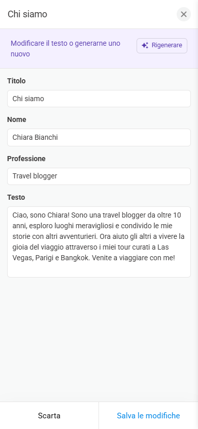 Una finestra di personalizzazione della sezione Chi siamo nello strumento link in bio Taplink AI