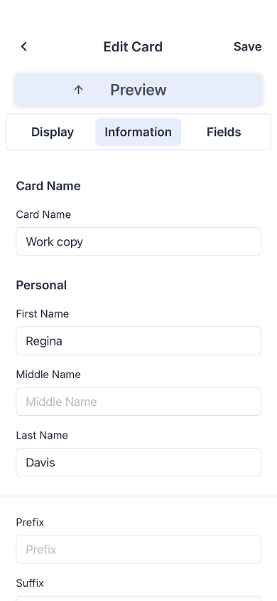 Personal information fields in the HiHello digital business card app