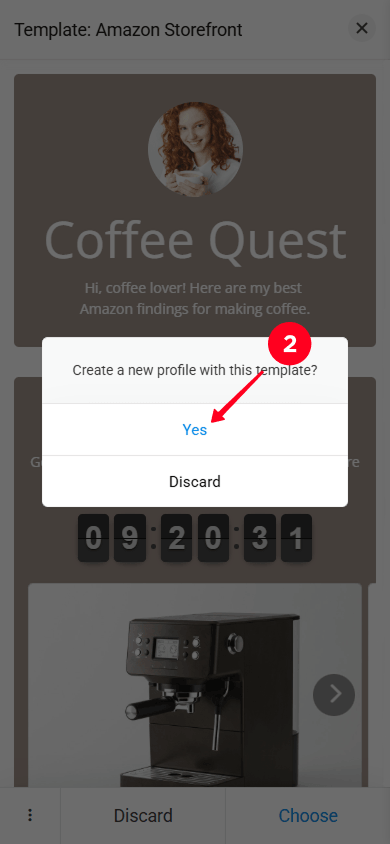 Selecting Yes in the pop-up window on the Taplink template selection page