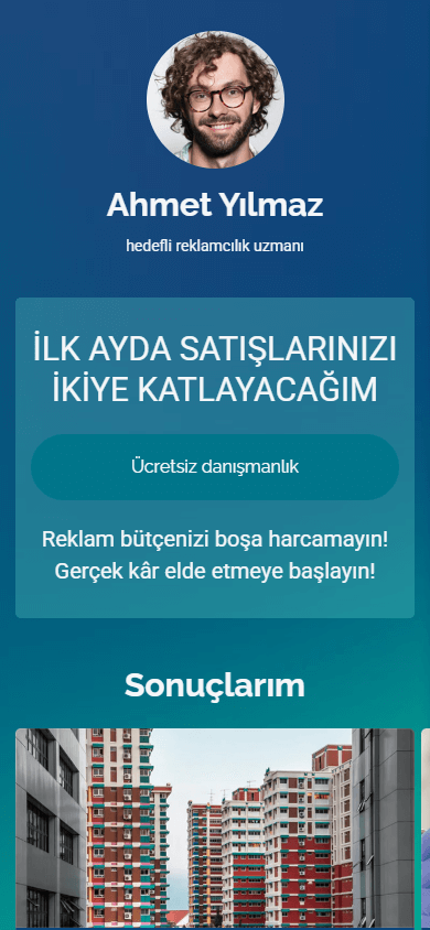 Başarılı bir pazarlamacıya ait Linktree örneğinin üst kısmı