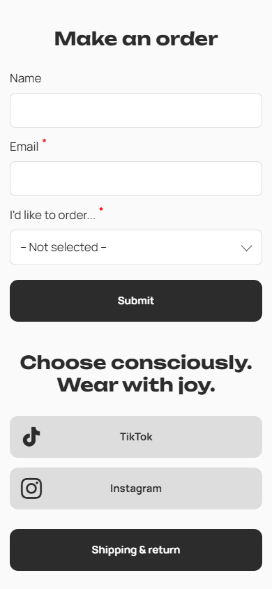 Bottom section of a clothing website featuring an order form, social links, and shipping and return information