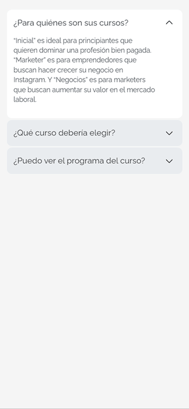 Tres preguntas y respuestas creadas con el bloque FAQ de Taplink