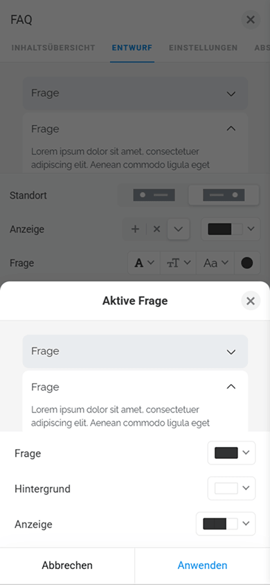 Parameter zur Anpassung der aktiven Frage im Block „FAQ“